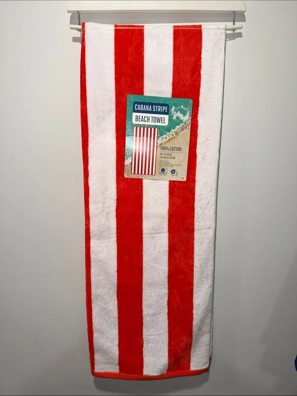 Coral Red White Cabana Stripe Large Cotton Beach Towel